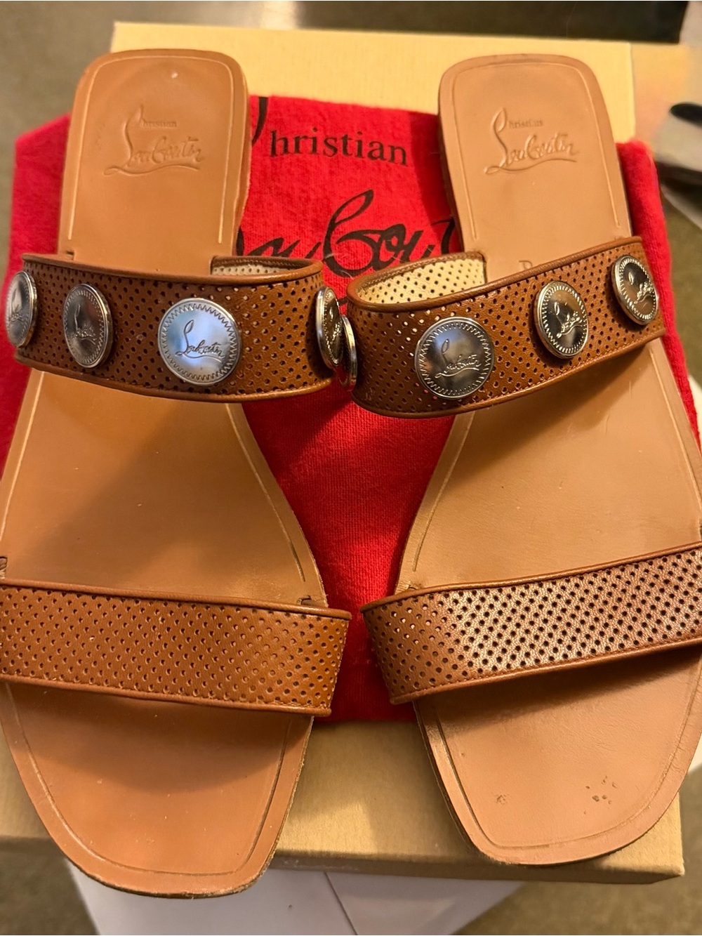 Christian Louboutin Bycorne Flat Brown Leather Perforated Sandals EU 41.5